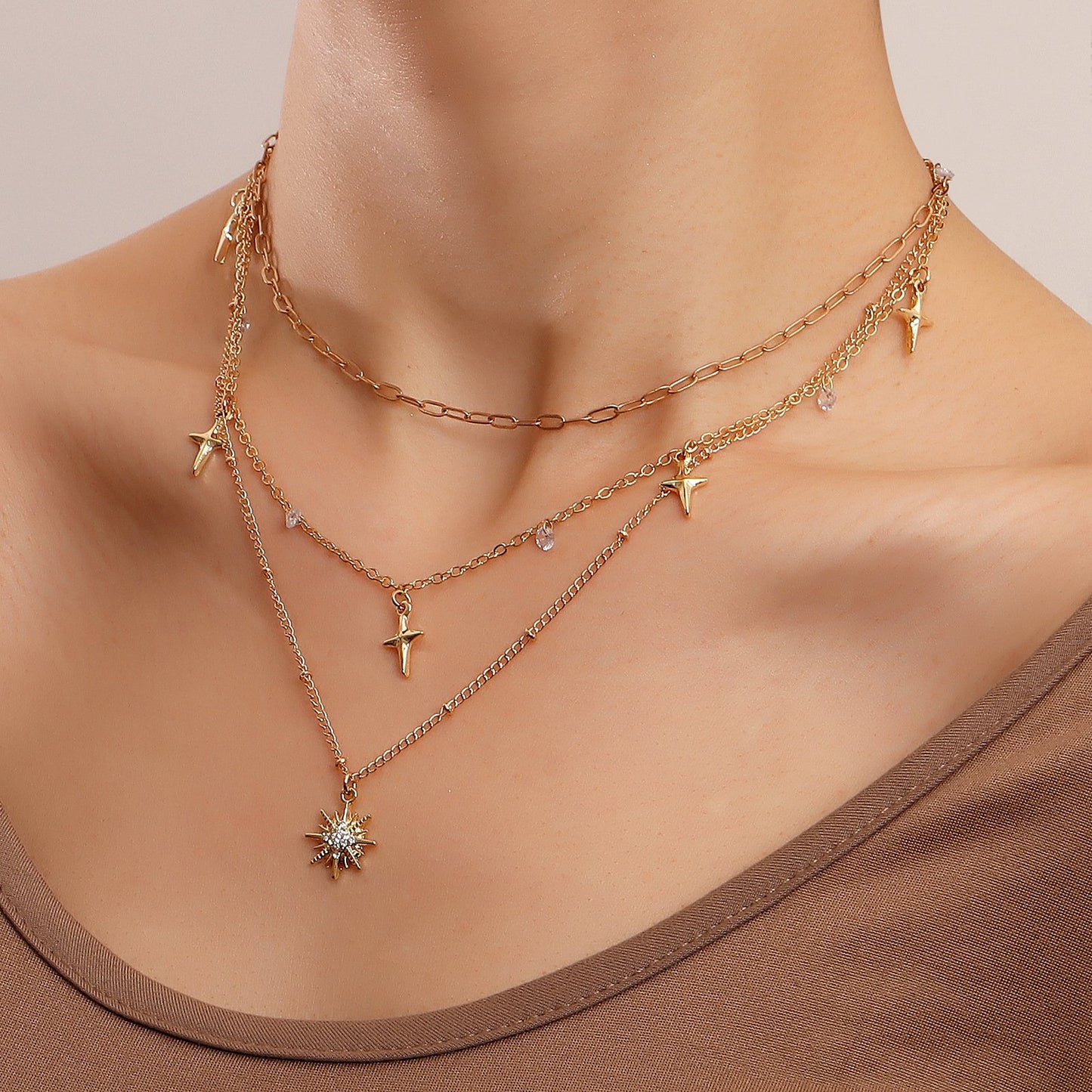 Accessories punk light luxury diamond-studded octagonal necklace niche design cross star pendant necklace