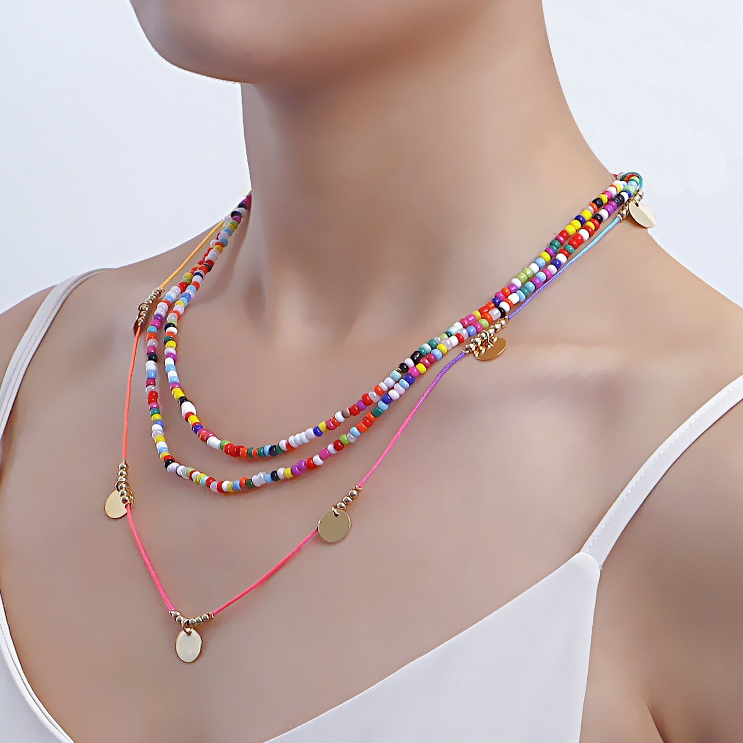 Jewelry bohemian color rice bead disc necklace female niche design ins beaded necklace
