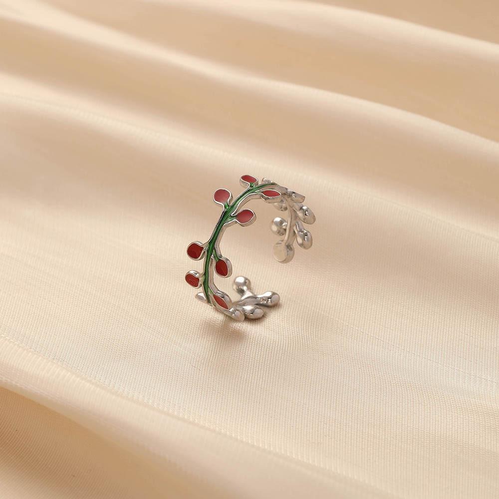 Simple Ladies Stainless Steel Small Clear Mori Open Branch Flower Rattan Adjustable Ring