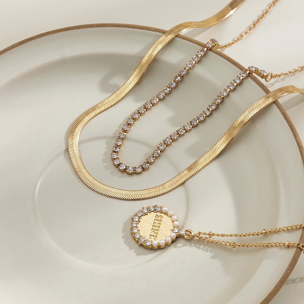 Jewelry Metal Hip-Hop Snake Bone Chain Necklace Simple Diamond-studded Pearl Alphabet Tag Necklace