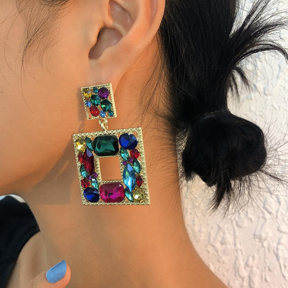 E9894 Fashion Colored Diamond Square Earrings Personality Glass Diamond Earrings Geometric Hollow Retro Earrings Women