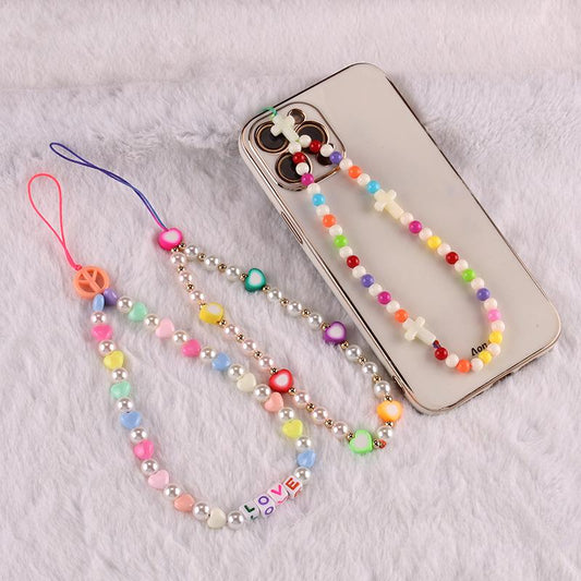Ethnic diy color soft pottery imitation pearl acrylic geometric beaded mobile phone chain