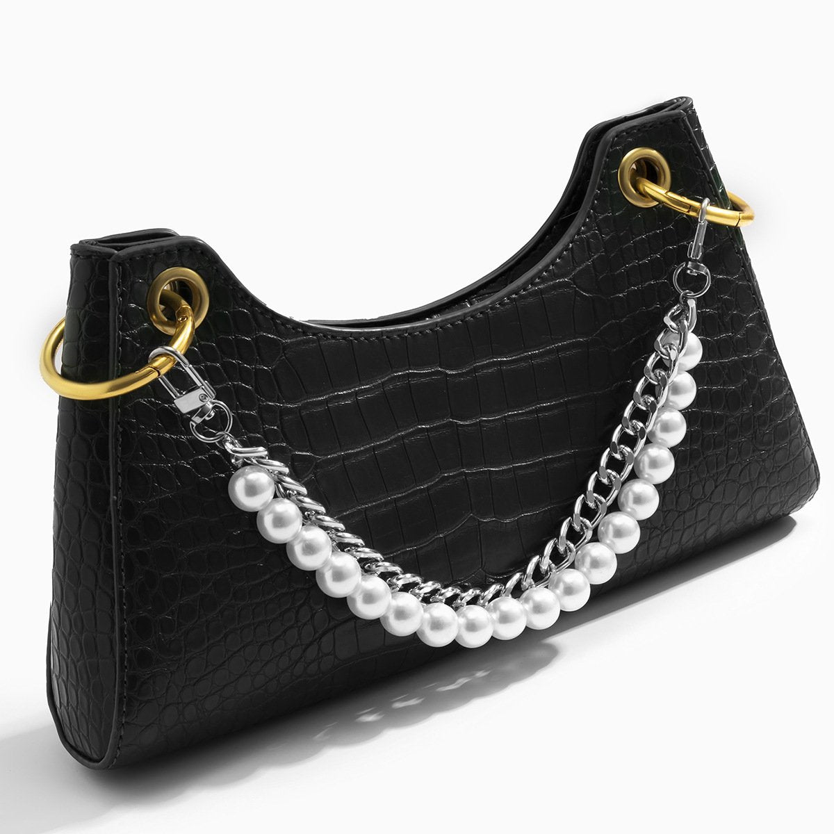 Fashion Trend Aluminum Chain Handbag Beaded Shoulder Chain Retro Simple Pearl Alloy Buckle Bag Chain
