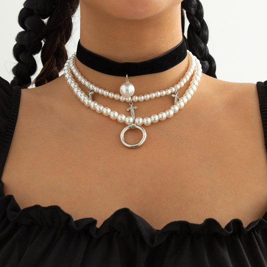 Jewelry Gothic geometric diamond dagger necklace sweet cool simple imitation pearl multi-layer necklace female