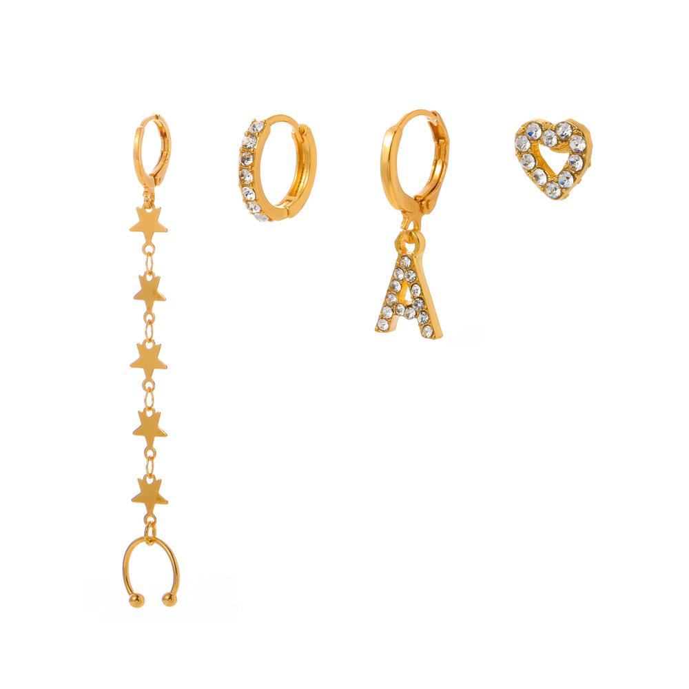 Retro star chain integrated ear clip set alloy diamond letter earrings 4 pieces without pierced earrings