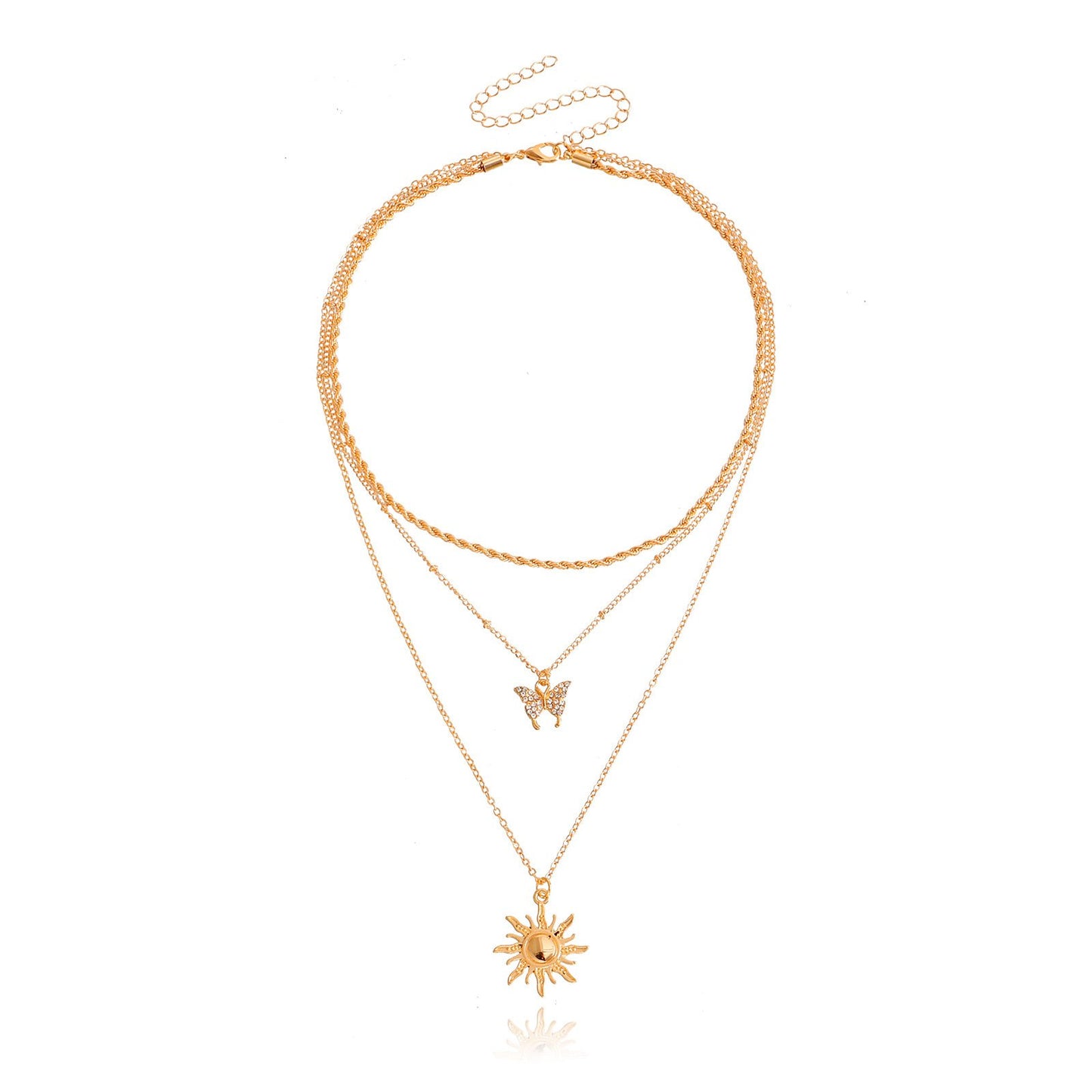 Jewelry trend double-layer micro-inlaid diamond butterfly sun pendant necklace female ins metal pendant
