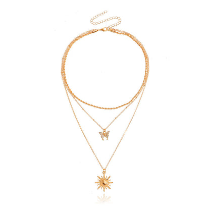 Jewelry trend double-layer micro-inlaid diamond butterfly sun pendant necklace female ins metal pendant