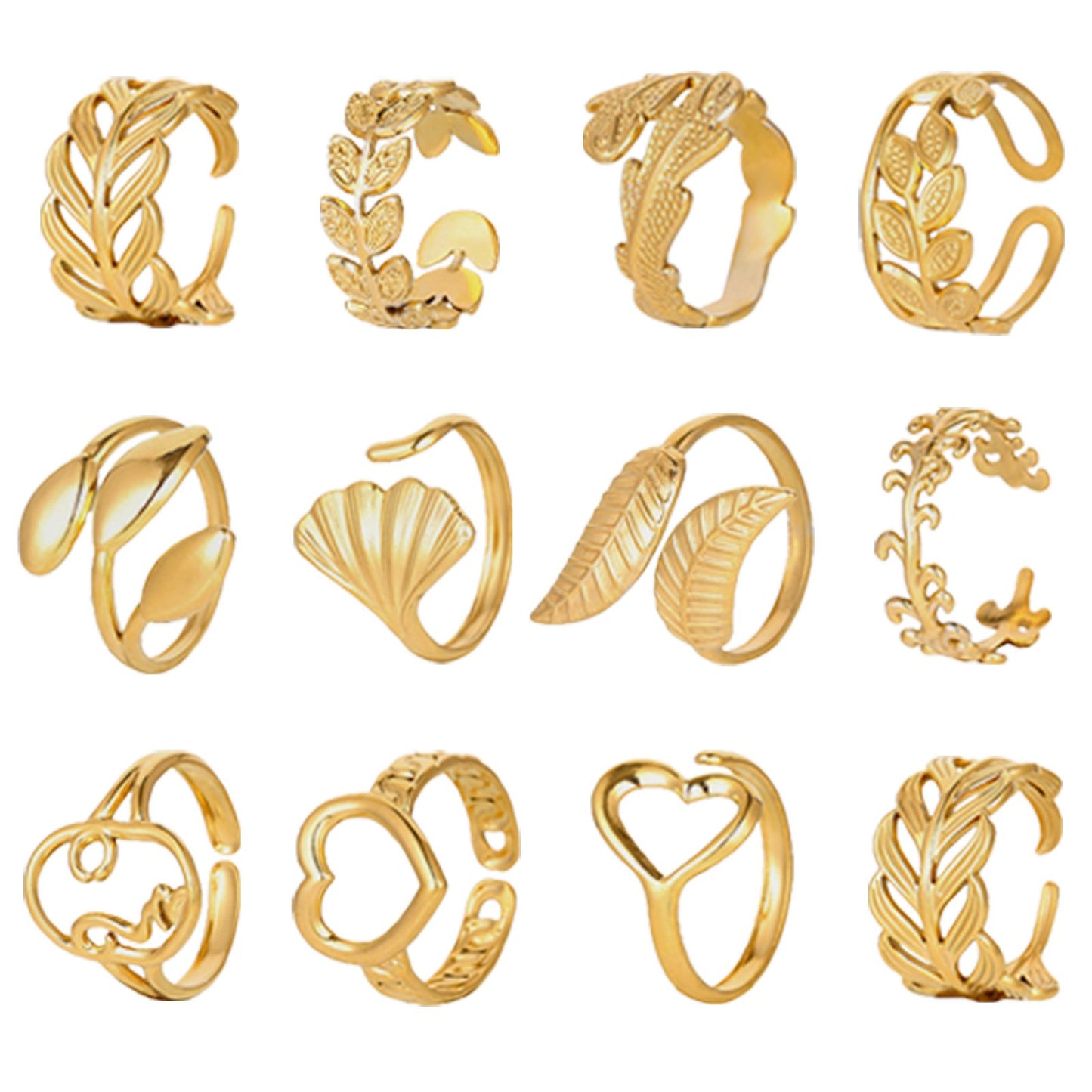 Fashion personality adjustable love stainless steel open ring simple feather leaf heart-shaped ring jewelry