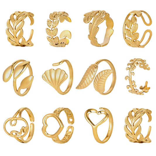 Fashion personality adjustable love stainless steel open ring simple feather leaf heart-shaped ring jewelry