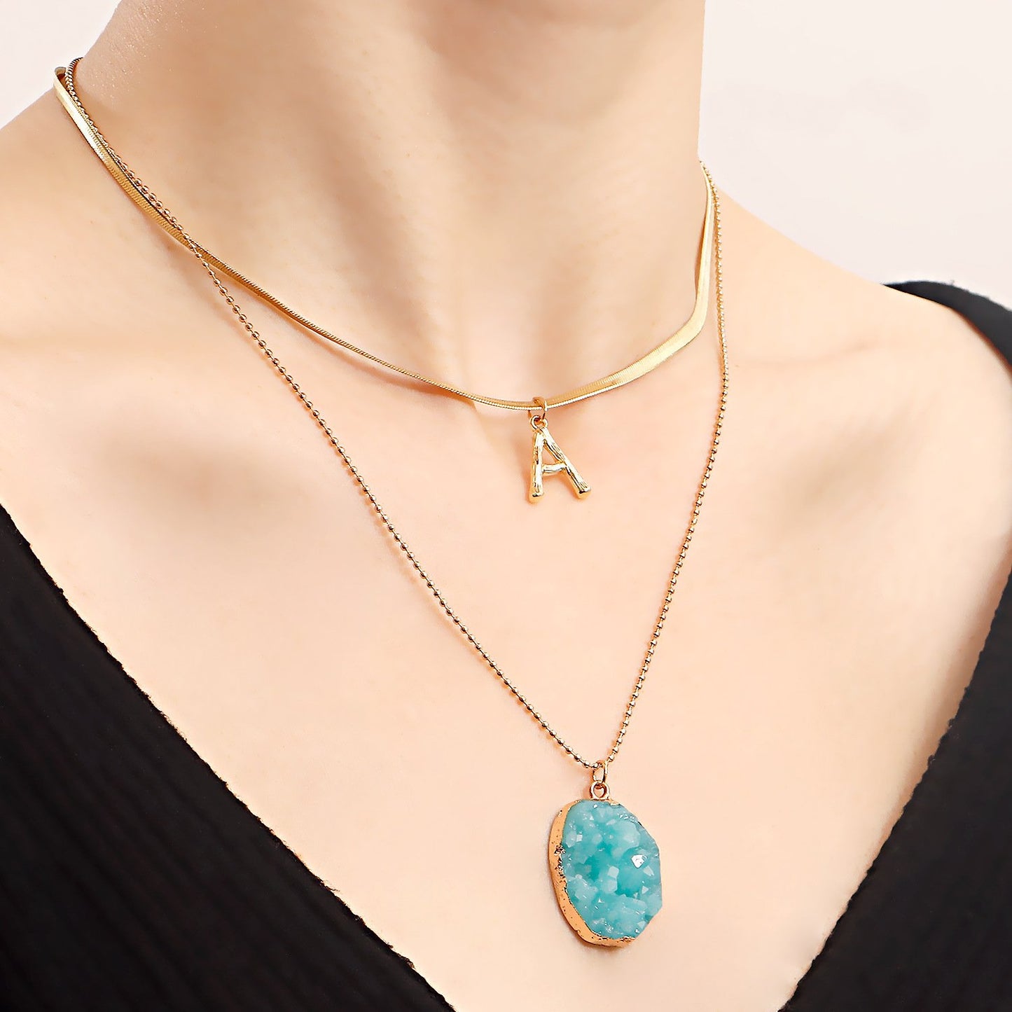 Jewelry Fashion Double Layer Letter A Shaped Geometric Pendant Necklace with Female Punk Flat Snake Chain