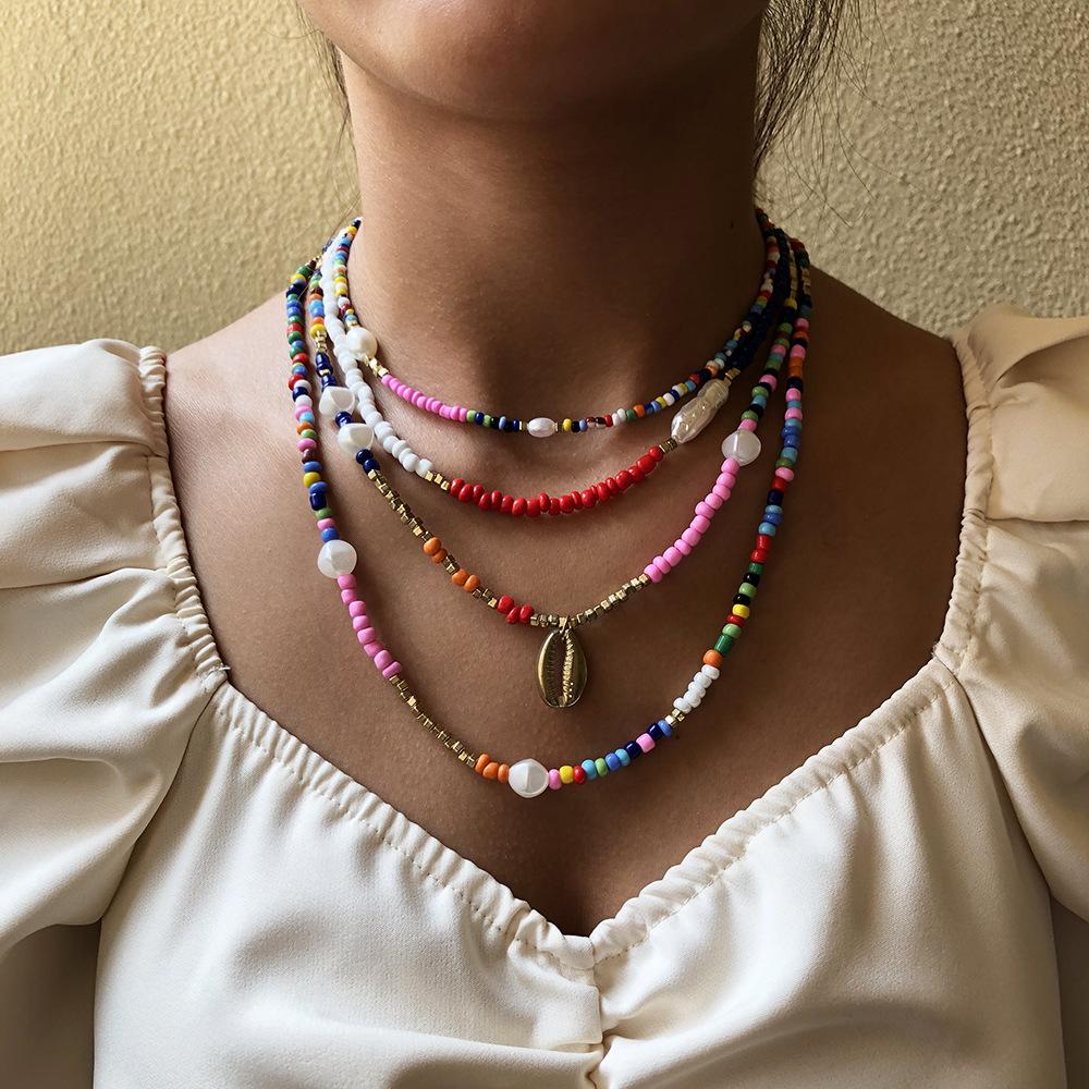 N777 Bohemia Vacation Rice Bead Necklace Female Fashion Ethnic Imitation Pearl Clavicle Chain Alloy Pendant