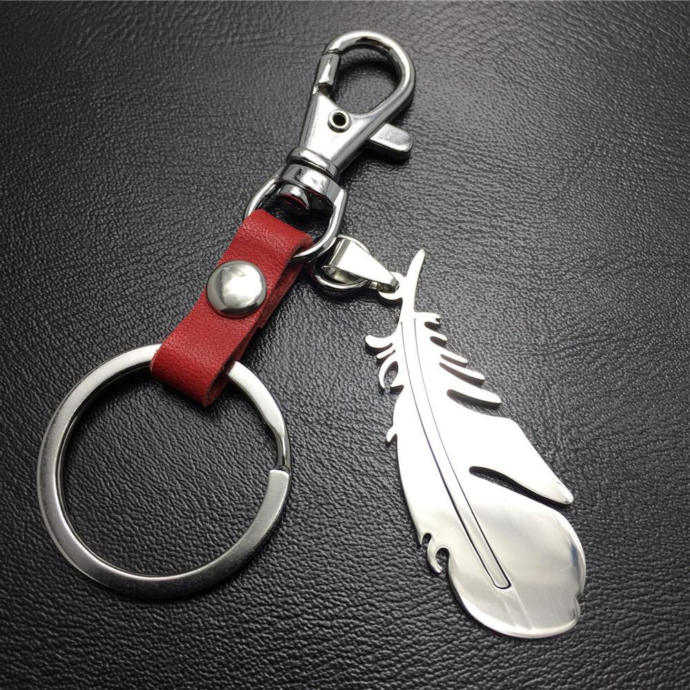 Feather Titanium Steel Pendant Jewelry Accessories Cowhide Keychain Stainless Steel Men's Waist Hanging Ladies Bag Pendant