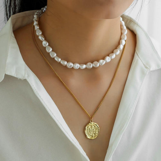 ins simple irregular ancient coin pendant titanium steel chain real gold plating pearl double layer necklace