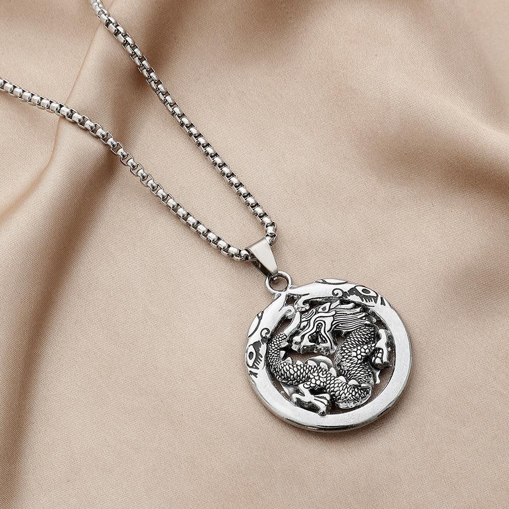 Ethnic fashion hip-hop stainless steel round plate hollow dragon totem pendant personality trend cold men's necklace