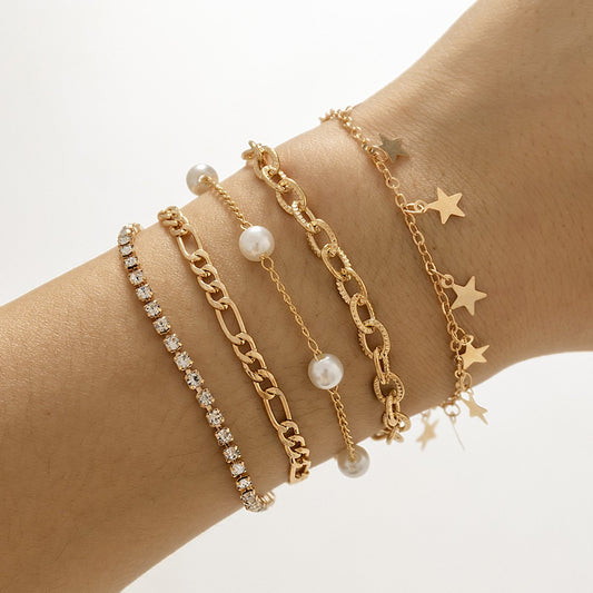 Jewelry Retro Trend Diamond Chain Bracelet Set Personality Imitation Pearl Star Pendant Hand Jewelry