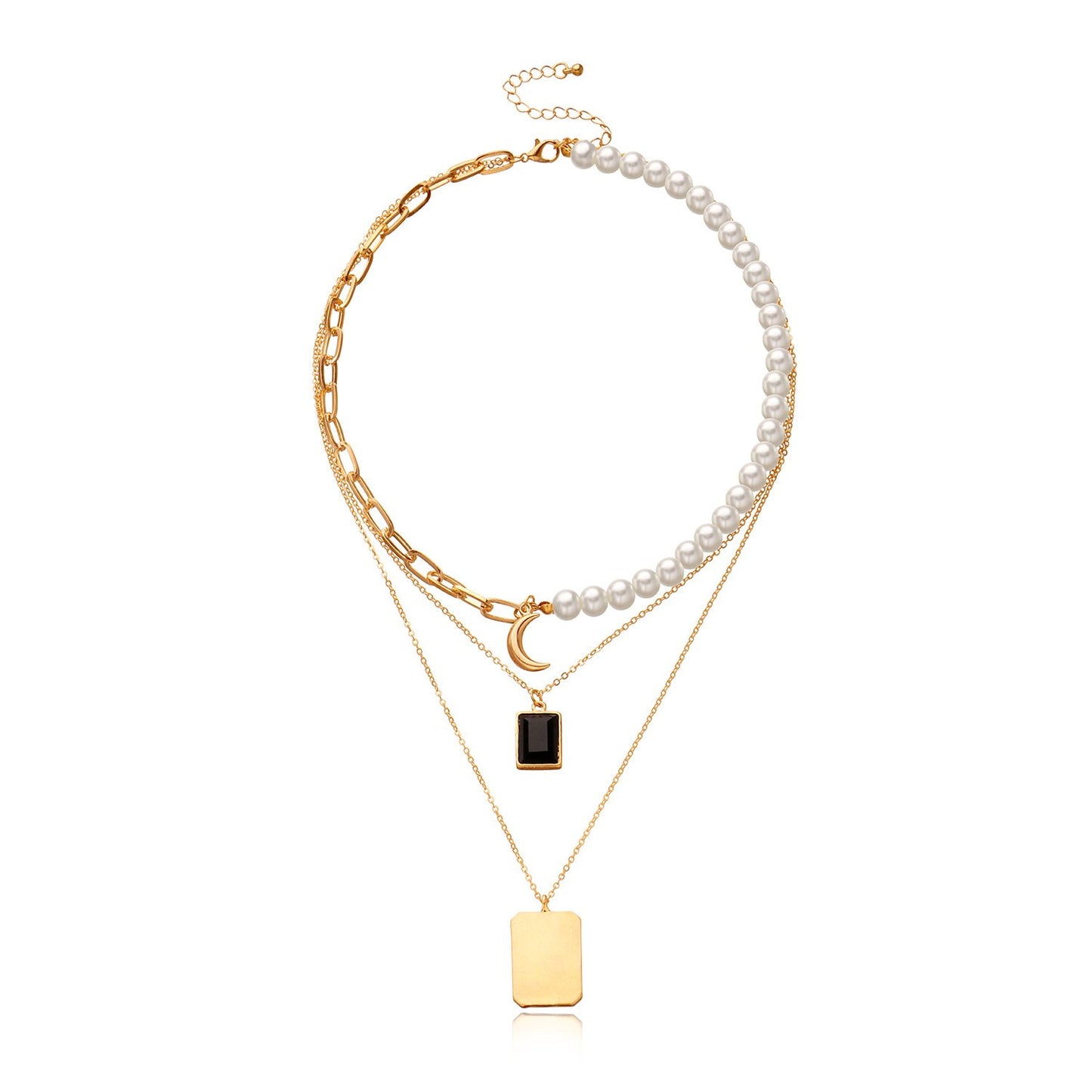 Jewelry Fashion Multilayer Pearl Gem Crescent Pendant Necklace Female Retro Handmade Necklace