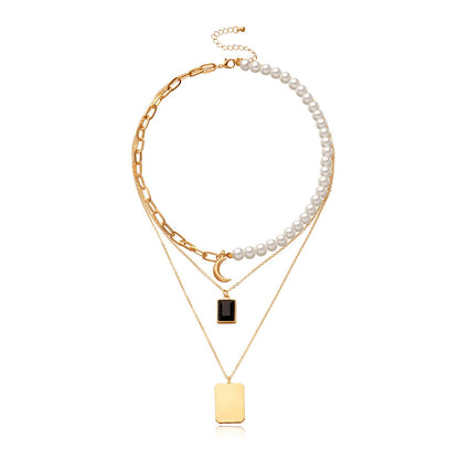 Jewelry Fashion Multilayer Pearl Gem Crescent Pendant Necklace Female Retro Handmade Necklace