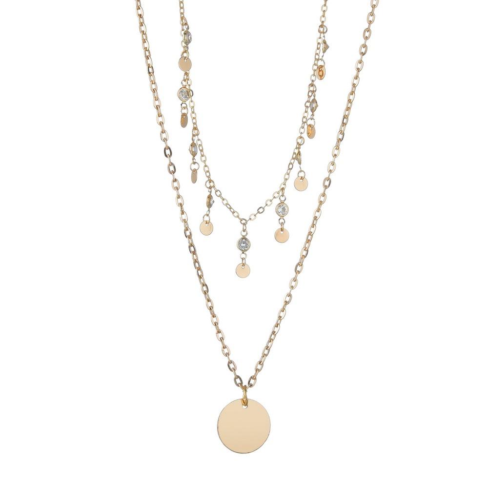 Fashion Double Layer Disc Pendant Necklace Ladies Vintage Rhinestone Necklace Jewelry Accessories