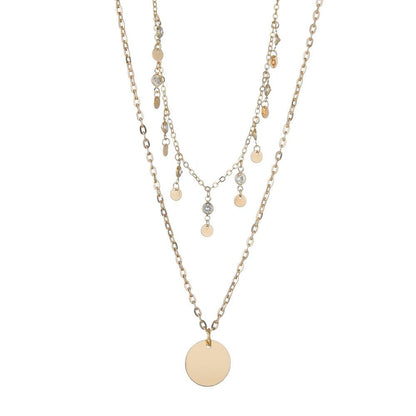 Fashion Double Layer Disc Pendant Necklace Ladies Vintage Rhinestone Necklace Jewelry Accessories