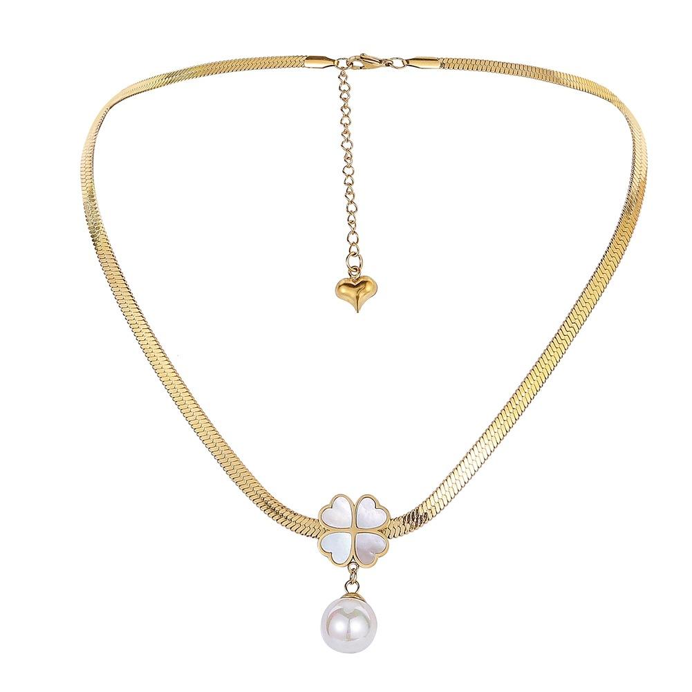 ins stainless steel four-leaf clover pearl shell necklace temperament light luxury simple item jewelry titanium steel clavicle chain
