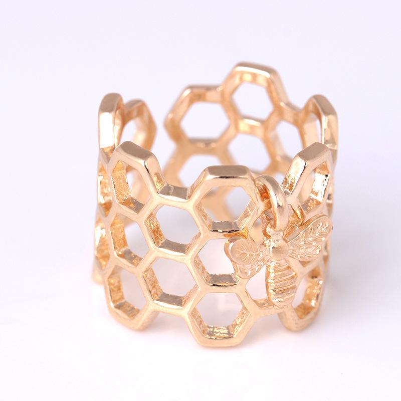 Fashion creative honeycomb bee hollow ring personality geometric hexagonal ring ring hand jewelry