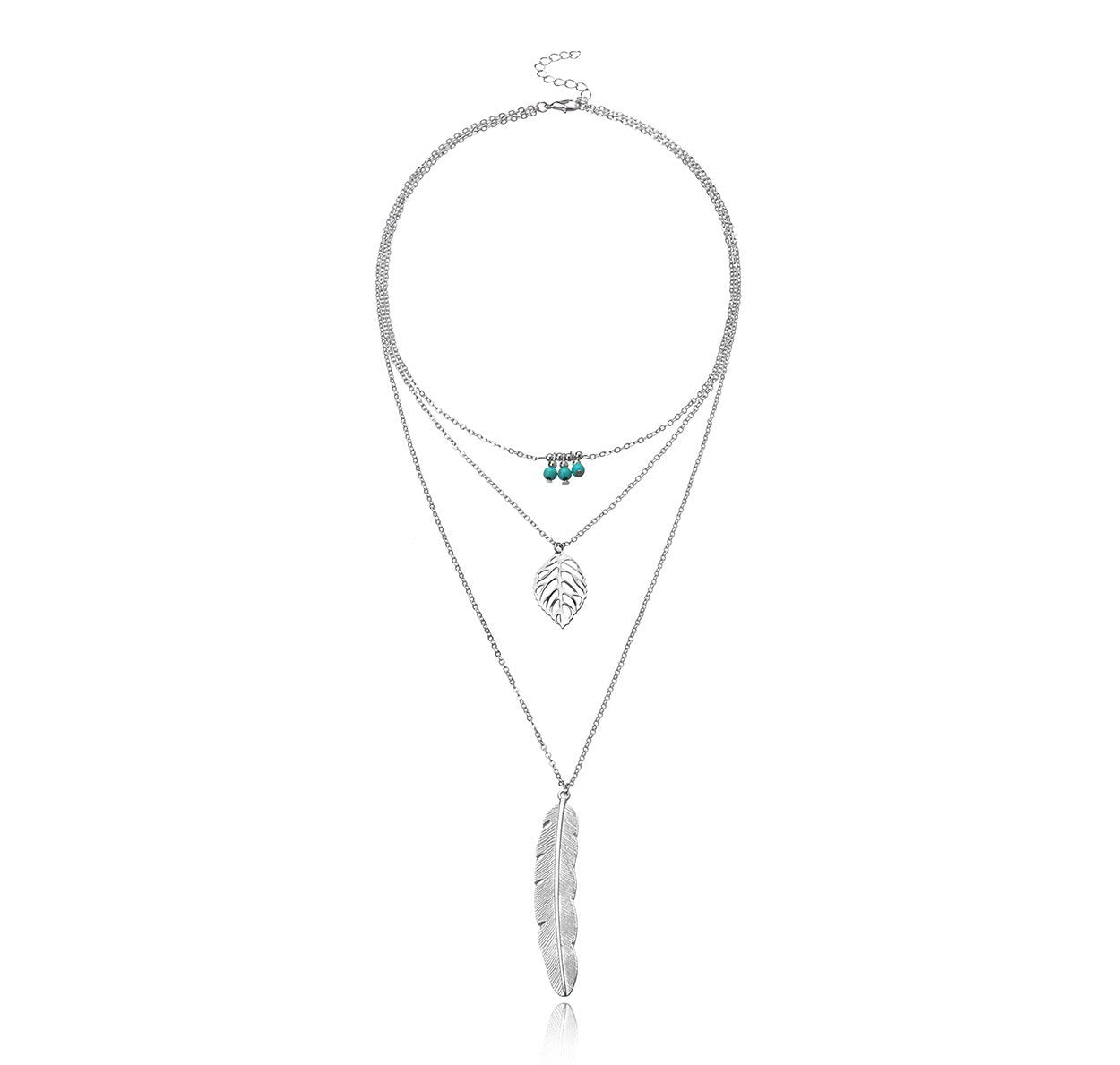 Women's Necklace Multilayer Jewelry Fashion Versatile Turquoise Leaves Handmade Beaded Feather Pendant Necklace