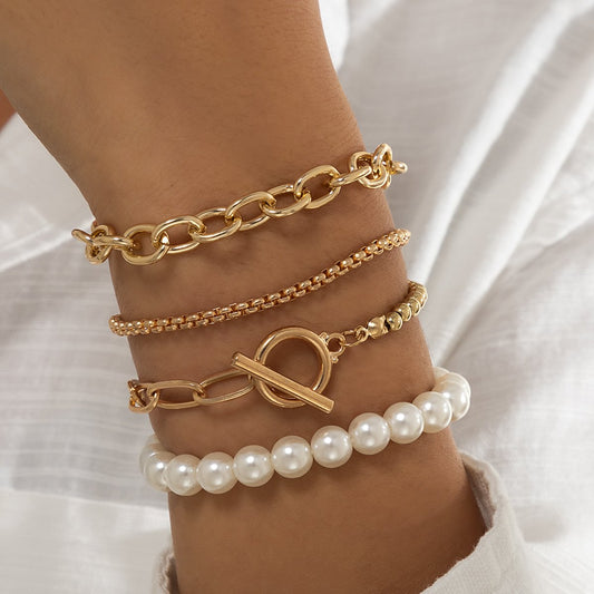 Jewelry Punk Hip Hop Metal Chain Bead Bracelet Retro Versatile Pearl ot Buckle Hand Jewelry Female