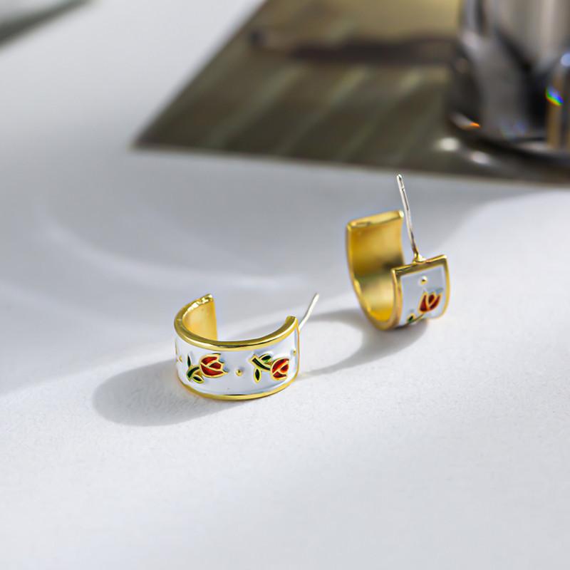 Niche retro Chinese spring tulip pattern enamel glaze silver needle C-shaped hoop earrings earrings women