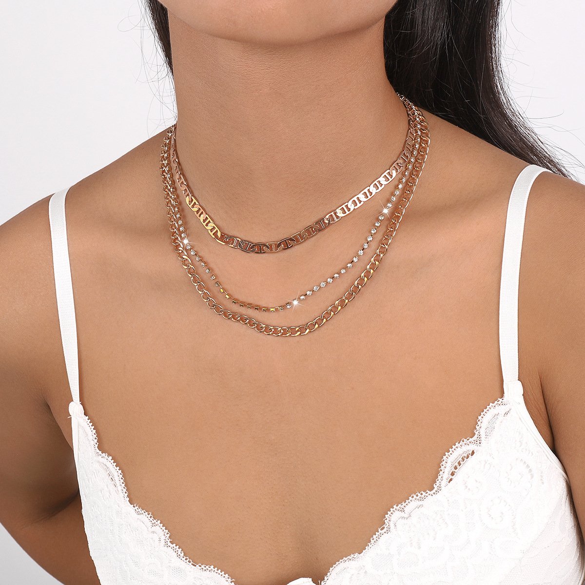 1675 Retro Stacked Hip-Hop Multilayer Necklace Exaggerated Metal Sweet Cool Street Shot Geometric Rhinestone Necklace