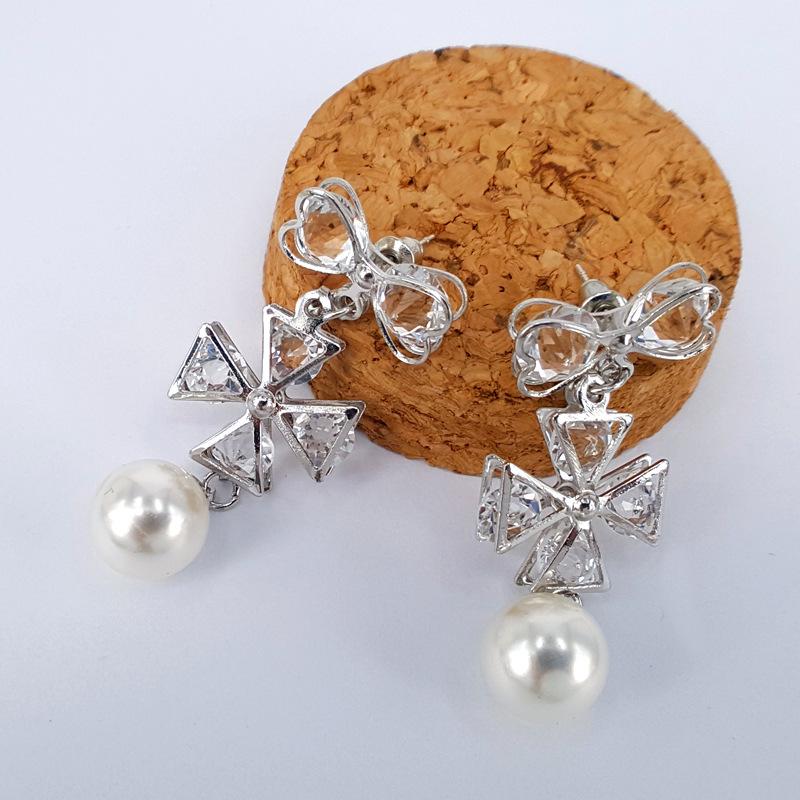Four-leaf flower bowknot pearl and diamond earrings five-petal flower stud earrings charm