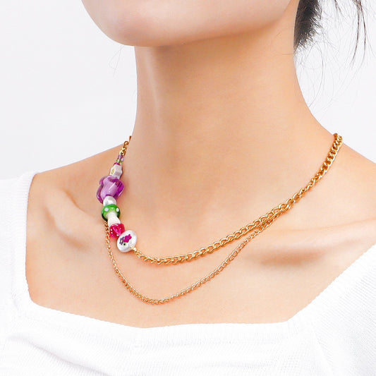 Jewelry double-layer creative multi-element beaded collarbone necklace female ins metal stitching necklace