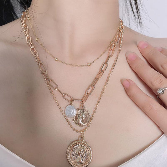 Jewelry Simple Baroque Portrait Embossed Necklace Female Alien Imitation Pearl Bead Chain Neck Necklace