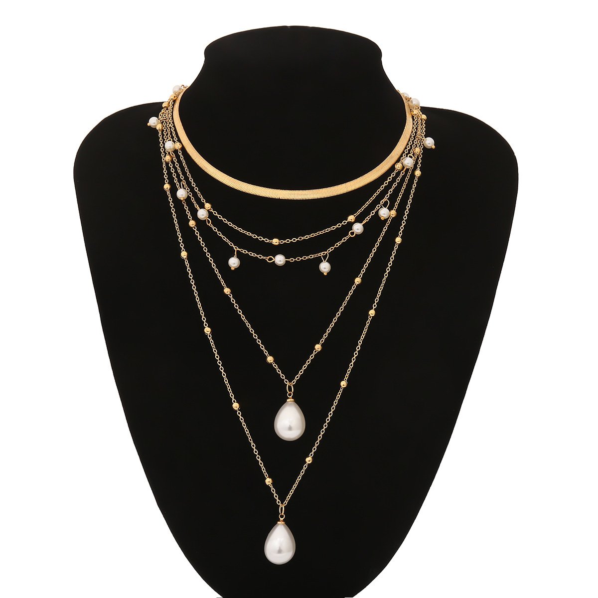 Ornaments simple special-shaped imitation pearl chain necklace temperament round bead tassel multi-layer geometric necklace