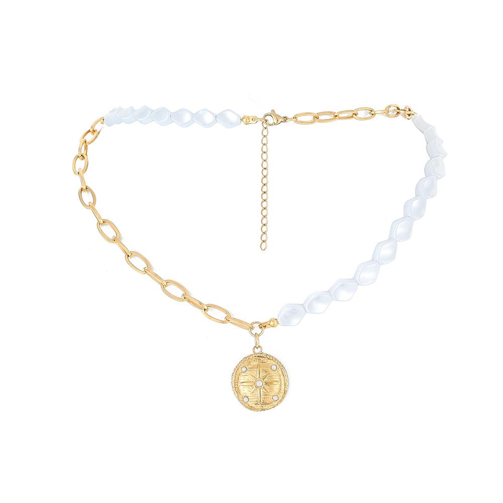 Simple stainless steel gold short round sun coin pendant ins titanium steel pearl necklace female