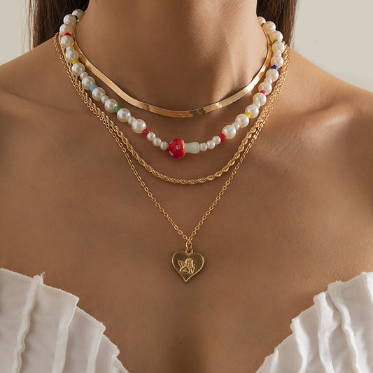 Jewelry Temperament Mushroom Imitation Pearl Multi-layer Necklace Simple Angel Heart-shaped Multi-layer Necklace