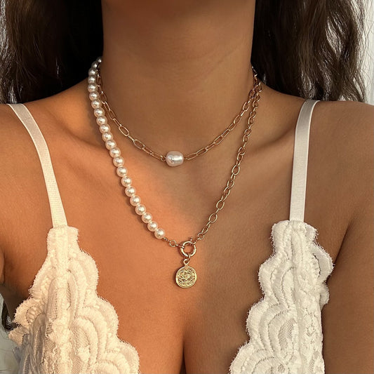 Jewelry Retro Coin Cross Chain Necklace Temperament Asymmetric Imitation Pearl Double Layer Necklace Female