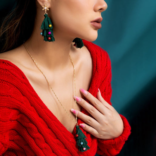 Jewelry Creative Braided Christmas Tree Long Necklace Colorful Imitation Pearl Snowflake Vintage Necklace