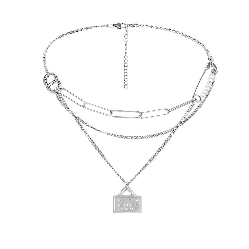 Fashion simple personality stainless steel multi-layer brooch pearl envelope pendant lettering clavicle chain titanium steel necklace