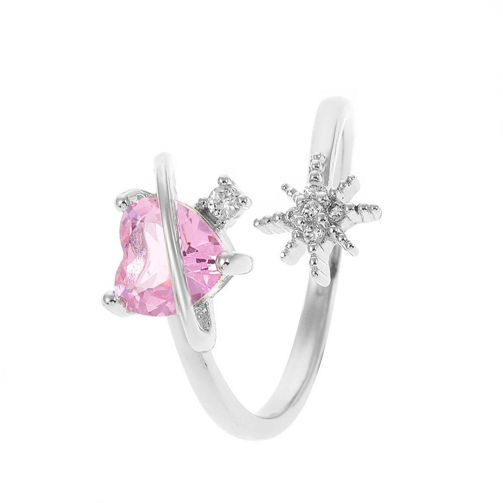 Ins pink love open ring fashion temperament micro-inlaid zircon octagon index finger ring girlfriend gift