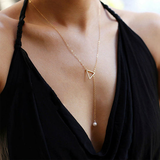 Jewelry Simple Hollow Triangle Adjustable Pearl Pendant Women's Necklace Clavicle Chain