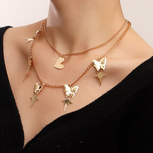 Jewelry Fashion Double Exaggerated Butterfly Heart Necklace Female Ins Cold Valentine's Day Necklace