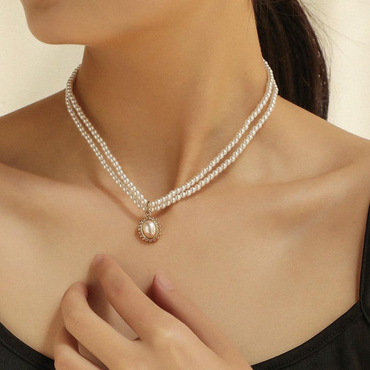 French retro pearl temperament double layer necklace fashion sun flower inlaid pearl pendant clavicle chain female jewelry