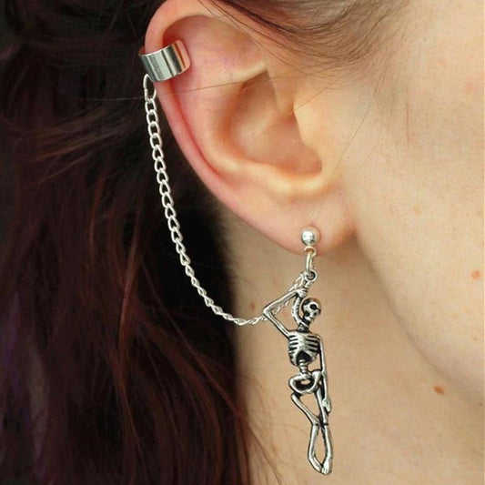 Old Metal Skull Earrings Trendy Punk Asymmetrical Chain Ear Clips Halloween Couple Ornaments