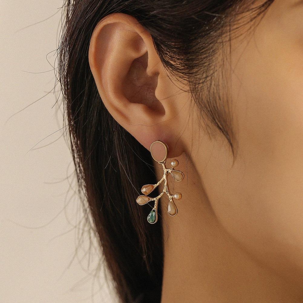 Temperament drop oil water drop resin pearl branch earrings small fresh pastoral forest series ladies earrings