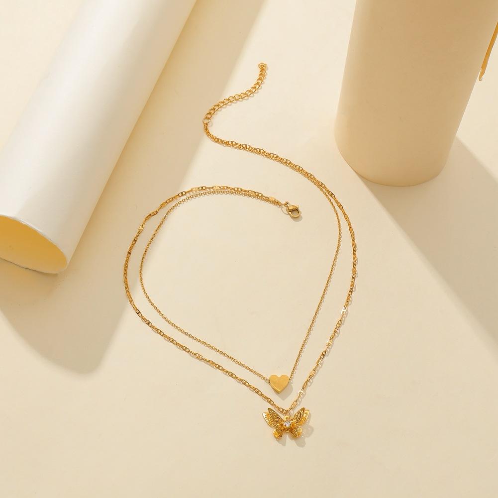 Ins niche light luxury titanium steel gold-plated double-layer necklace three-dimensional butterfly love pendant collarbone necklace