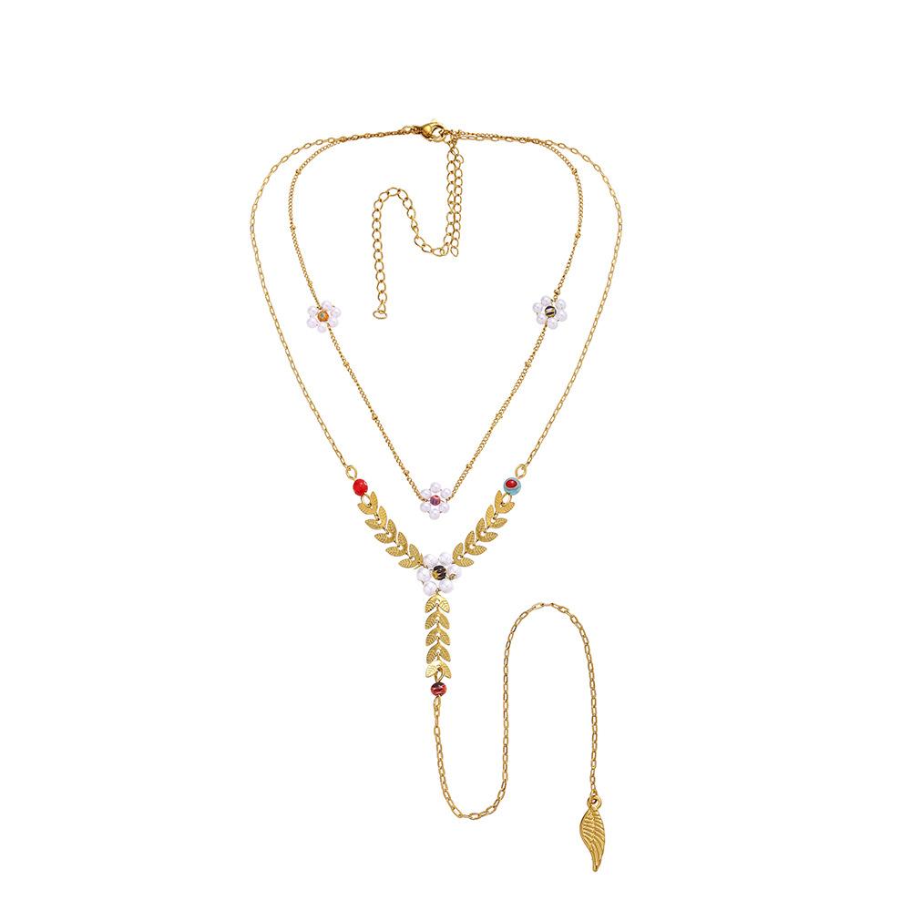 Creative stainless steel golden wheat ear pendant pearl flower titanium steel pastoral double-layer necklace collarbone chain female