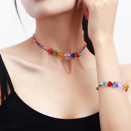 Jewelry Bohemian Mixed Color Rice Beads Colorful Heart Bear Necklace Bracelet Set Cartoon Female