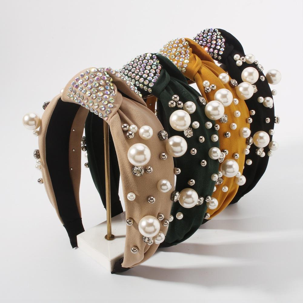 F396 Retro Temperament Hair Accessories Fashion Cross Knotted Imitation Pearl Headband Diamond Anti-slip Headband