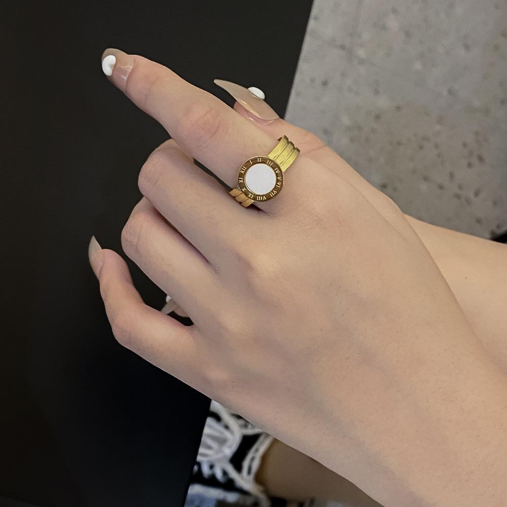 Stainless steel Roman numeral ring real mother-of-pearl disc compass ring female ring 18K gold jewelry