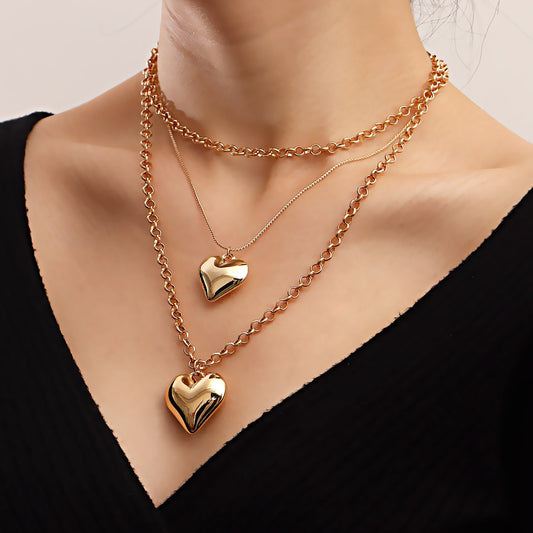 Retro fashion double stacked simple exaggerated love pendant necklace ins clavicle chain jewelry